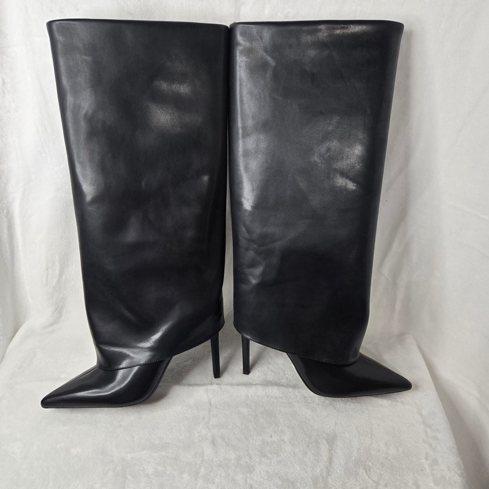 INC International Concepts Skylar Black Foldover Pointed Toe Stiletto Boots 10M